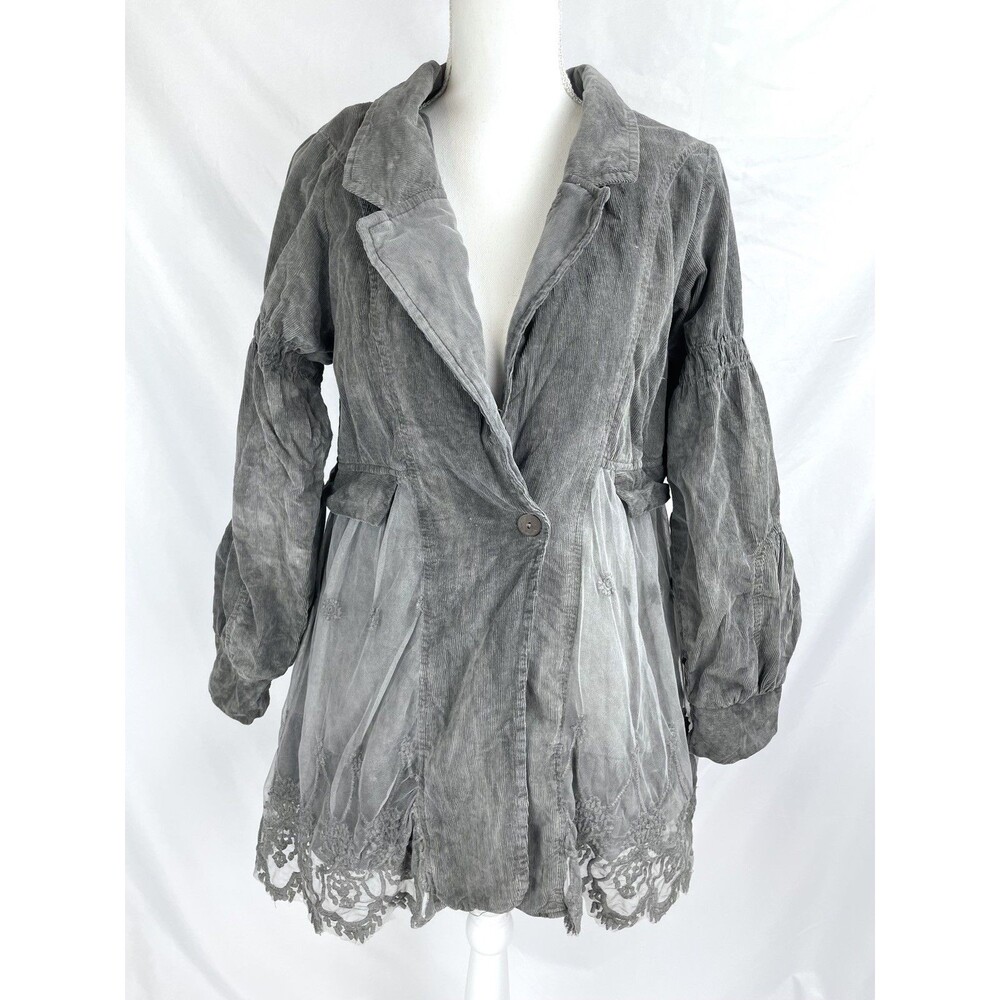 Victorian Trading Co Jacket‎ Women L/XL Gray Lace Corduroy Button Closure